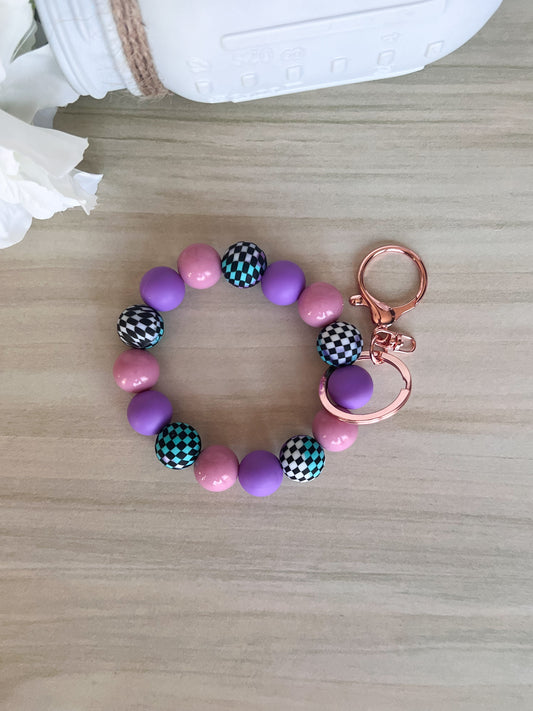 Purple and Pink Checkered Silicone Beaded Wristlet